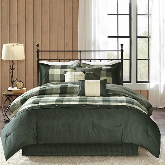 Madison Park Ridge Comforter Set - Cabin Lodge Plaid Herringbone Design, All Season Down Alternative Cozy Bedding with Matching Bedskirt, Shams, Decorative Pillow, Grey Queen(90"x90") 7 Piece