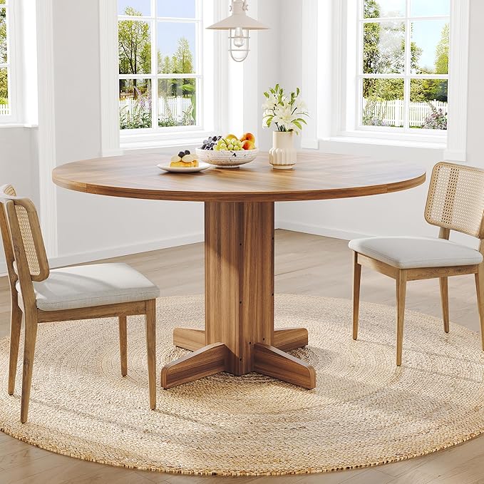 IDEALHOUSE Round Dining Table for 4-6 People, 47" Wood Kitchen Table with Sturdy Pedestal Base, Farmhouse Circle Dinner Tables for Dining Room, Living Room, Apartment, Walnut