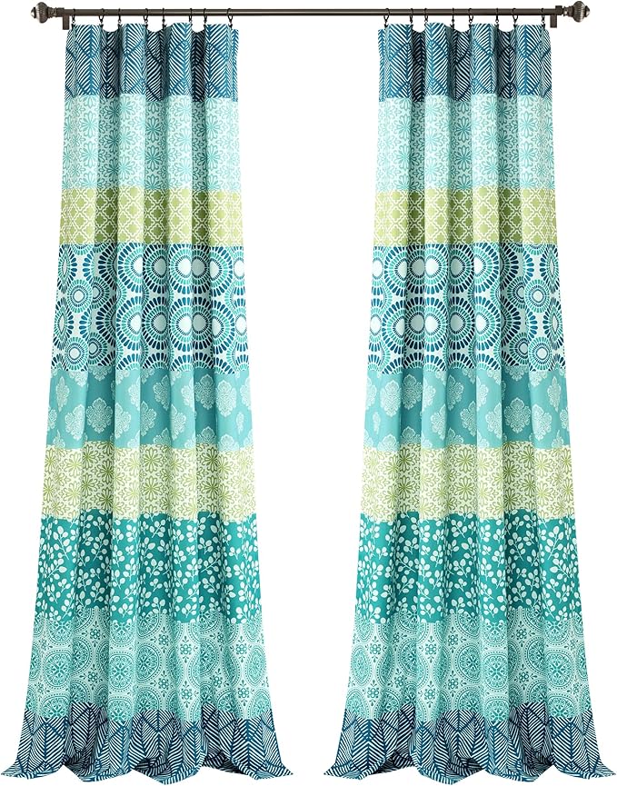 Lush Decor Bohemian Stripe Window Curtain Panels, Pair, 52" W x 108" L Blue & Green - Light Filtering Curtains for Bedroom - Boho Curtains - Maximalist Decor