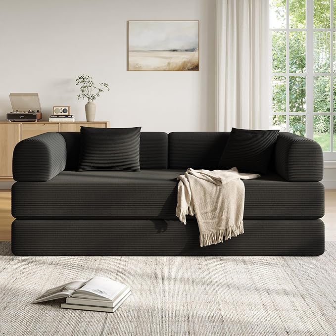 79in Convertible Sofa Bed, Corduroy Boneless Couch Bed, Futon Sleeper Sofa Pull Out Bed, Foldable Couch for Living Room Apartment, No Assembly Required