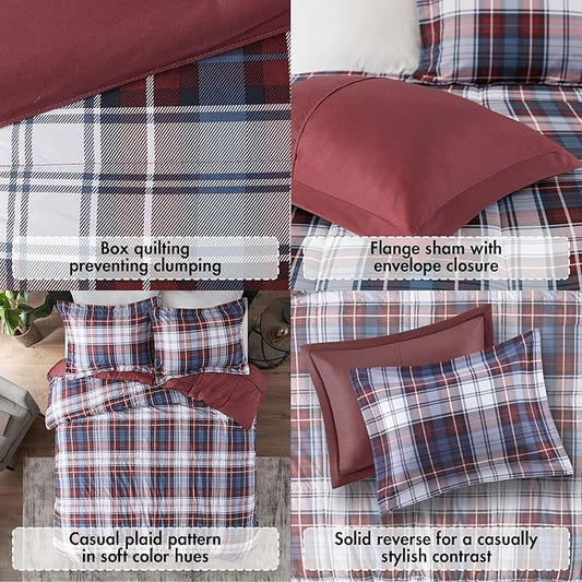 Madison Park Essentials Parkston Plaid Comforter, Matching Sham, 3M Scotchguard Stain Release Cover, Hypoallergenic All Season Bedding-Set, Full/Queen, Red, 3 Piece