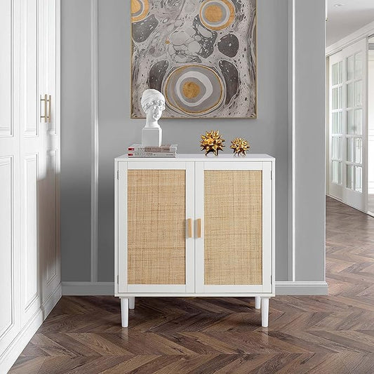 Finnhomy Sideboard Buffet Cabinet, Kitchen Storage Console with Rattan Decorated Doors, Liquor Buffet, Dining Room, Hallway, Cupboard Console Table, Accent Cabinet, 31.5X 15.8X 34.6 Inches, White