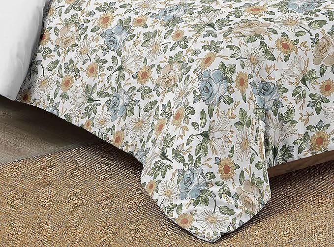 Sweet Jojo Designs Vintage Floral Blue Yellow Girl Full Queen Bedding Set Kids Comforter Childrens Size - 3pcs - Slate Green Gold Orange Taupe Beige Shabby Chic Rose Flower Boho Bohemian Farmhouse