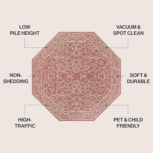 JONATHAN Y Vintage Filigree Indoor Outdoor Octagon Area Rug 5 Ft Red/Beige, Charleston Textured Weave for Backyard, Patio, Porch, Easy-Cleaning, High Traffic, Pet-Friendly, Non-Shedding SMB106B-5TGN