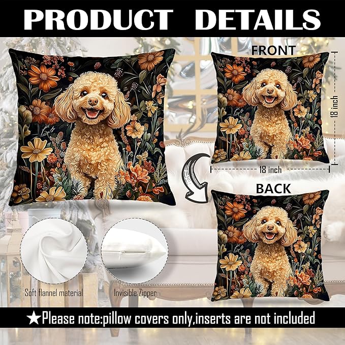William Morris Inspired-Vintage Floral Poodle Pillow Covers 18x18,Poodle Gift for Women&Dog Lover Mom Gifts,Moody Dark Cottagecore Botanical Decorative Pillow Covers for Home Living Room Bedroom