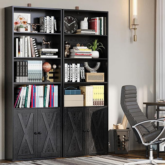 IRONCK Industrial Bookshelves and Bookcases with Doors Set of 2 Floor Standing 6 Shelf Display Storage Shelves 70 in Tall Bookcase for Home Office, Living Room