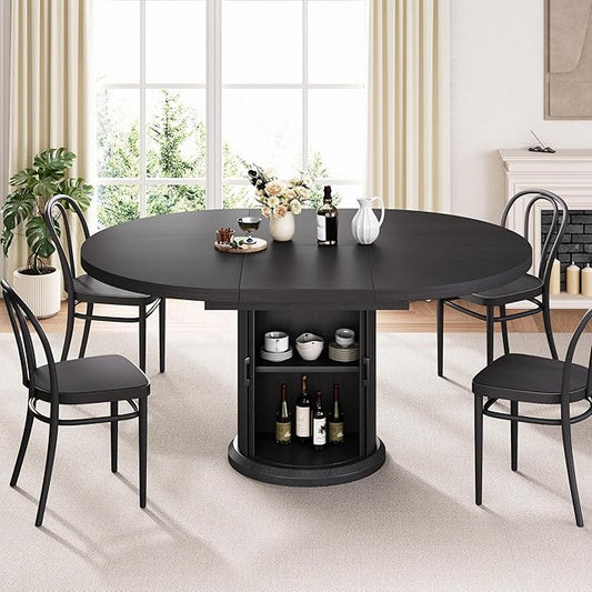 47″–63″ Extendable Round Dining Table for 4–8 with Dust-Proof 2-Tier Storage Shelf Space Saving Expandable Wood Oval Circle Dinner Furniture with Pedestal Base (Black)