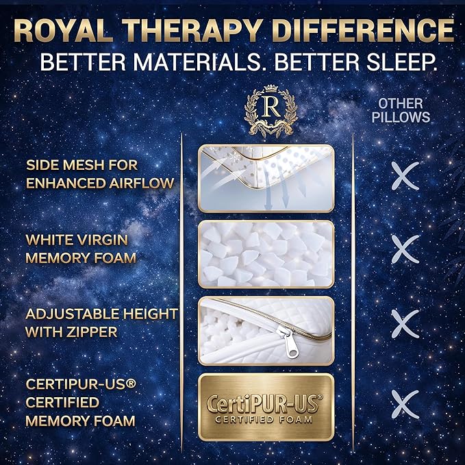 Royal Therapy 2-Pack Queen Memory Foam Pillow, Adjustable Shredded Odor-Free Bed Pillow for Neck & Shoulder Pain Relief, Breathable Support for Back, Stomach, Side Sleepers, AirFlowPRO