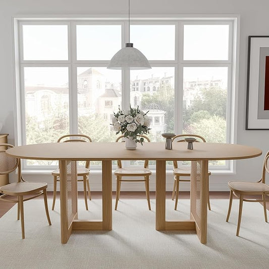 Casaphoria 79" Dining Table, Wicker Base Modern Kitchen Table for 4-6, Farmhouse Style with Oval Top & Wicker Base, Easy Assembly for Living Room, Kitchen, Natural Wood