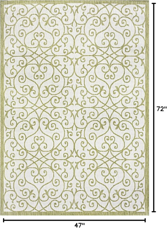 JONATHAN Y Vintage Filigree Indoor Outdoor Area Rug 4X6 Green/Cream, Madrid Textured Weave for Backyard, Patio, Porch, Easy-Cleaning, High Traffic, Pet-Friendly, Non-Shedding (SMB107H-4)