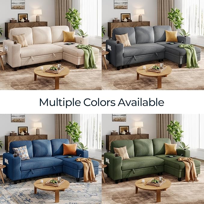 LINSY HOME Sectional Sleeper Sofa Pull Out Couches for Living Room (Green, Sleeper Sofa 1) | Pull Out Sofa Bed, Storage, USB Charging, Cup Holders, Plush Corduroy | Pull Out Sofa Bed, Storage, USB Charging, Cup Holders, Plush Corduroy, Convertible Sofa...