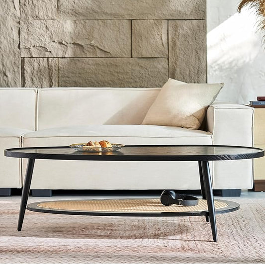 Saint Mossi Oval Wood and Rattan Coffee Table for Living Room, Mid-Century Modern Wood Coffee Table, Center Table for Small Space, Black and Rattan Board, D47xW23.6xH15