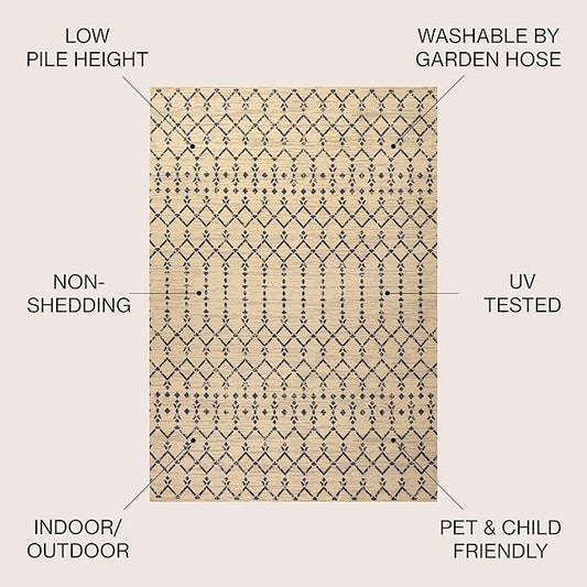 JONATHAN Y Moroccan Geometric Indoor Outdoor Square Area Rug 6X6 Beige/Navy, Ourika Textured Weave for Backyard, Patio, Porch, Easy-Cleaning, High Traffic, Pet-Friendly, Non-Shedding (SMB108H-6SQ)
