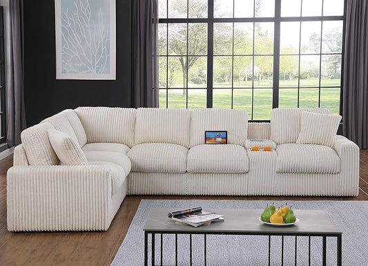 Ball & Cast 127" Modular Sectional Sofa,Modern Oversized Cloud Couch with Cup Holder&USB Port,7 Seat Convertible L-Shaped Corduroy Sofas W/Ottoman,Pillows&Storage Box,Comfy Couch for Living Room,Beige
