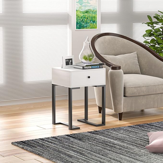 VECELO Modern Nightstand Set of 2 with Drawer End, Side Table for Bedroom, Living Room, Small Space, Night Stand with Open Shelf, Stable Metal Frame, White