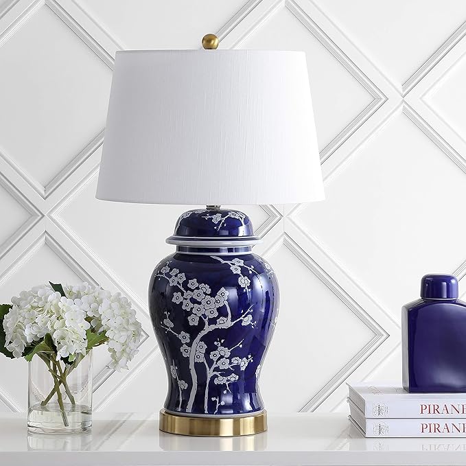 JONATHAN Y 29.5" White/Navy Blue Traditional Ceramic Ginger Jar Table Lamp for Living Room, Chinoiserie Asian Bedside Lamp with White Linen Shade and LED Bulb Included JYL3047A