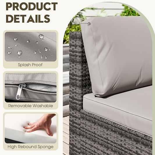 LHBcraft 7 Piece Patio Outdoor Furniture Set, Outdoor Sectional, All-Weather Hand-Woven Wicker Patio Sectional Sofa, Rattan Outside Furniture with Grey Cushion and Glass Coffee Table