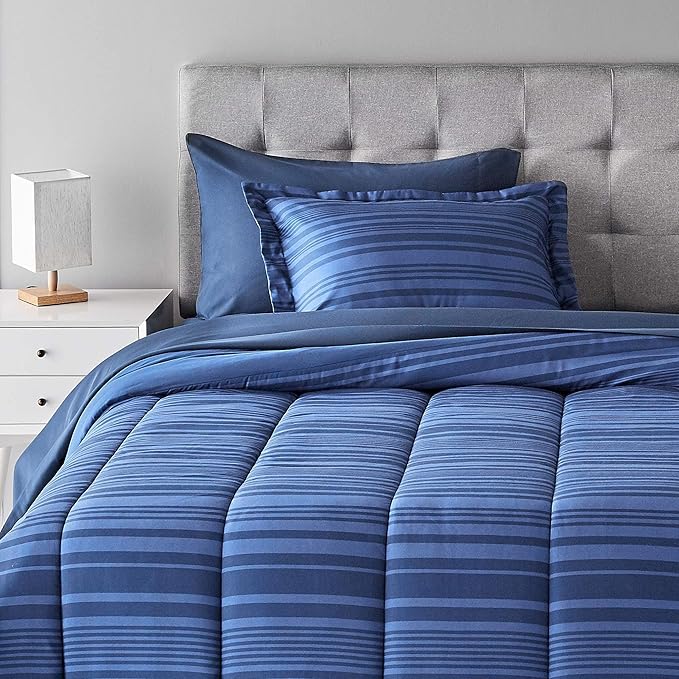 Amazon Basics Twin/Twin XL Comforter Set with Sheets, 5-Piece Blue Calvin Striped Bedding, Lightweight Microfiber Bed-in-a-Bag, Machine Washable