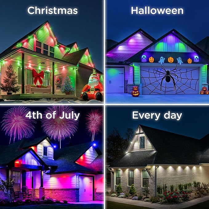 Enbrighten Vibe Eternity Accent Permanent Outdoor Lights for House, 50ft, 12 RGBWIC LEDs, Wide Spacing, 94lm, Tunable White, Everyday Eave Lighting, Smart App, Works with Alexa, Google Home, 85710