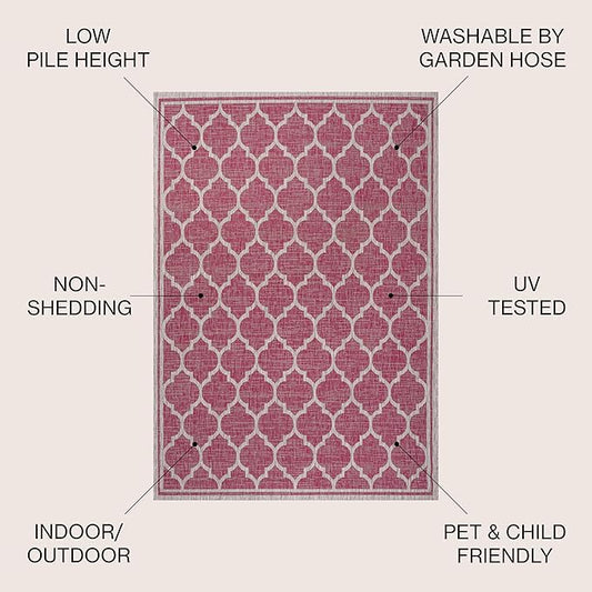 JONATHAN Y Moroccan Trellis Indoor Outdoor Square Area Rug 5X5 Fuchsia/Light Gray, Trebol Textured Weave for Backyard, Patio, Porch, Easy-Cleaning, Pet-Friendly, Non-Shedding (SMB109H-5SQ)