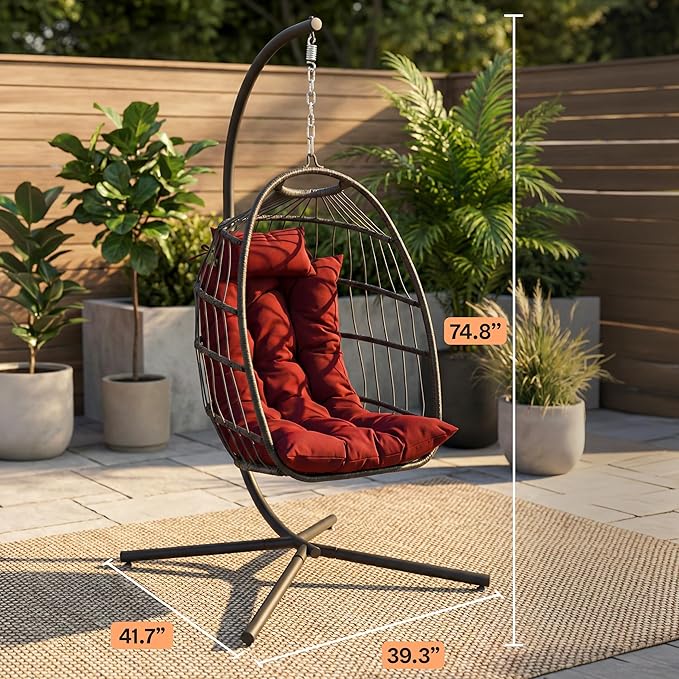 SereneLife Egg Chair with Stand – Hanging Rattan Wicker Swing for Indoor Outdoor Use – 350 lbs Capacity, Breathable Cushion & Headrest – Patio, Balcony, Porch, Bedroom Lounge Furniture