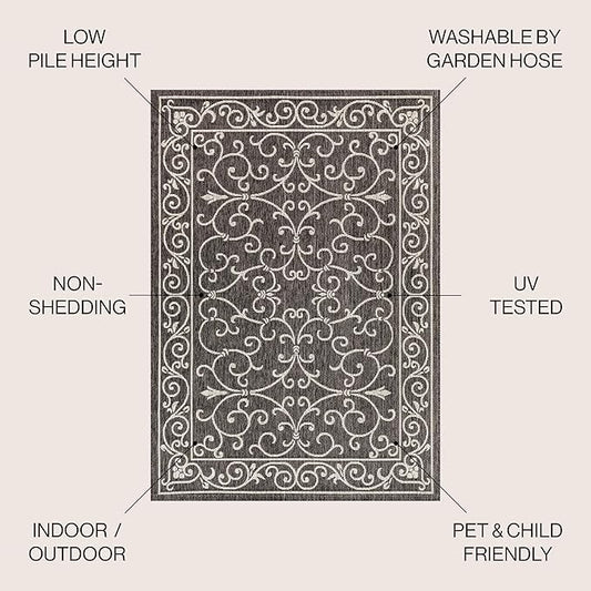 JONATHAN Y Vintage Filigree Indoor Outdoor Round Area Rug 9 Ft Black/Gray, Charleston Textured Weave for Backyard, Patio, Porch, Easy-Cleaning, High Traffic, Pet-Friendly, Non-Shedding (SMB106G-9R)