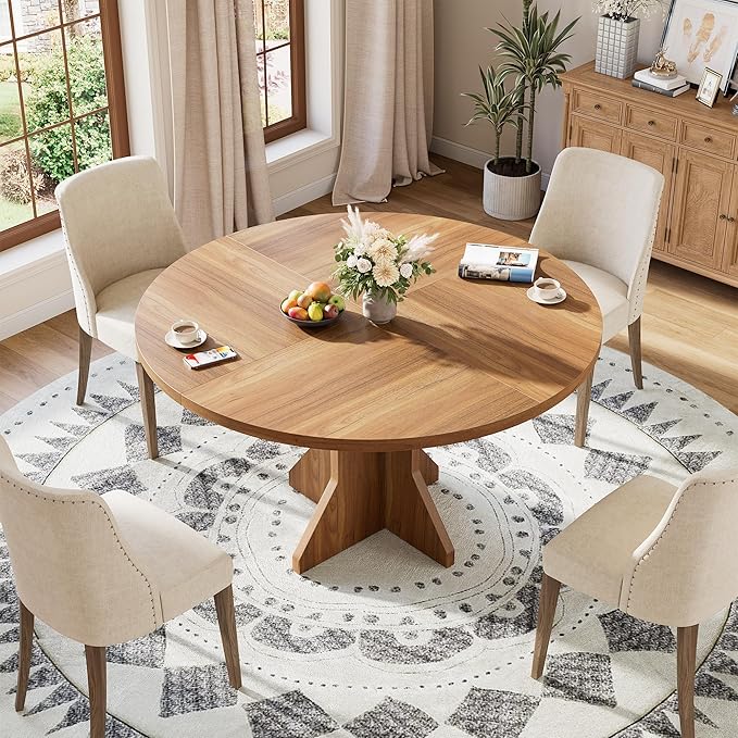 IDEALHOUSE Round Dining Table, 47" Kitchen Table for 4-6 People, Circle Tables with Sturdy Pedestal Base, Space Saving Dinning Room Furniture for Living Room, Kitchen, Apartment