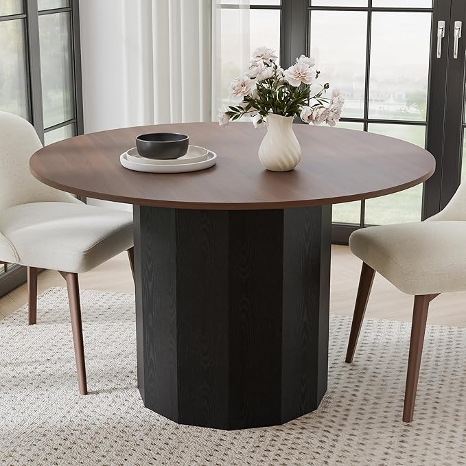 Casaphoria 46 inch Round Dining Table for 4, Walnut Top with Black Cylinder Pedestal Base, Modern Farmhouse Style Kitchen Table