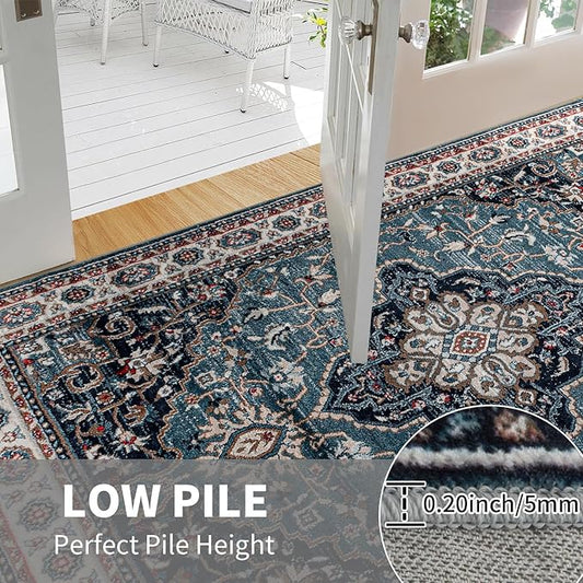 Easy-Going Area Rug 2x3 Washable Medallion Distressed Entryway Rugs Front Door Mat Indoor Entrance Non-Slip Vintage Retro Small Entry Rug for Bedroom Kitchen Bathroom Lightweight Carpet, Teal Brick