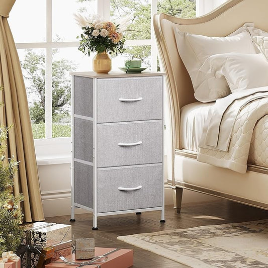 WLIVE Nightstand with 3 Drawers, Fabric Dresser, Organizer Unit, Storage Dresser for Bedroom, Hallway, Entryway, Closets, Sturdy Steel Frame, Wood Top, Easy Pull Handle, Light Grey