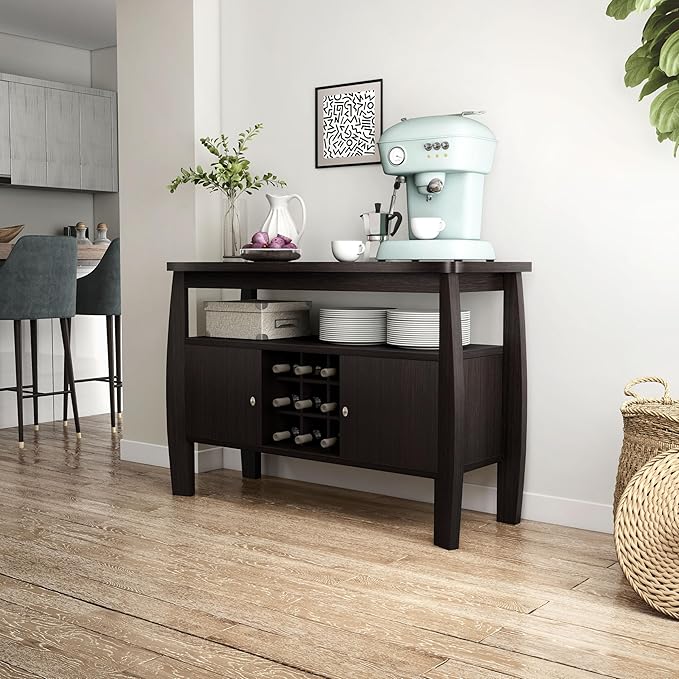 Furniture of America Clyton Modern Kitchen Buffet Storage Cabinet with Doors and Shelves, Wood Sideboard Table, Coffee Bars & 9 Grid Wine Rack, for Dining, Living Room, Dark Espresso