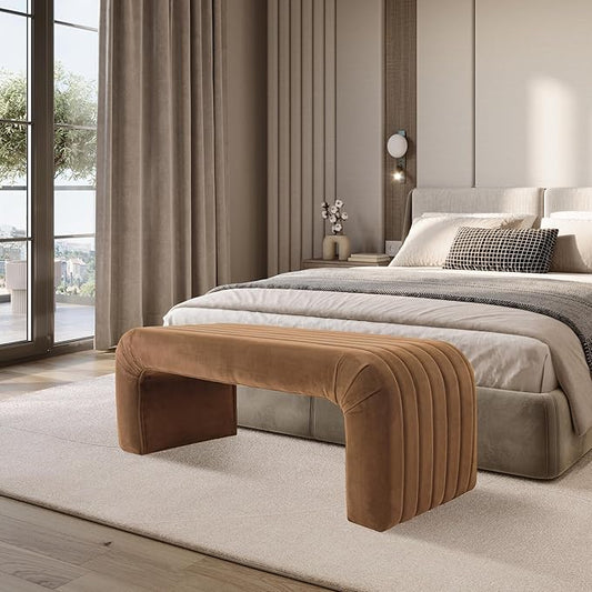 Spatial Order Modern Arch Channel Bench | Bench for Living Room & Bedroom | Decorative Home Furniture - Rust Orange Velvet