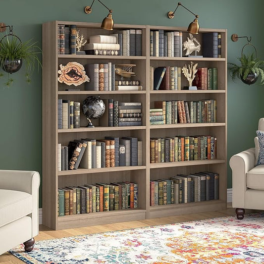 Bush Furniture Universal Tall 5 Shelf Bookcase in Ash Gray - Set of 2, Matching Storage and Display Bookshelves for Home Office or Living Room Organization