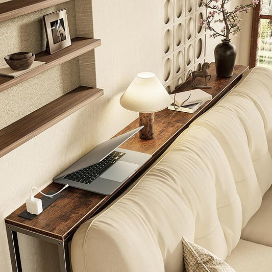 SUPERJARE 70 Inch Console Table with Outlet, Sofa Table with Charging Station, Narrow Entryway Table, Skinny Hallway Table, for Living Room, Rustic Brown