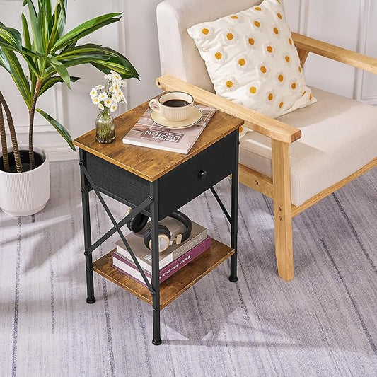 VECELO Nightstand, X-Design End Side Table with Fabric Storage Drawer and Open Shelf, Bedside Night Stand with Steel Frame for Bedroom, Living Room,Dorm, Easy Assembly, Antique Brown