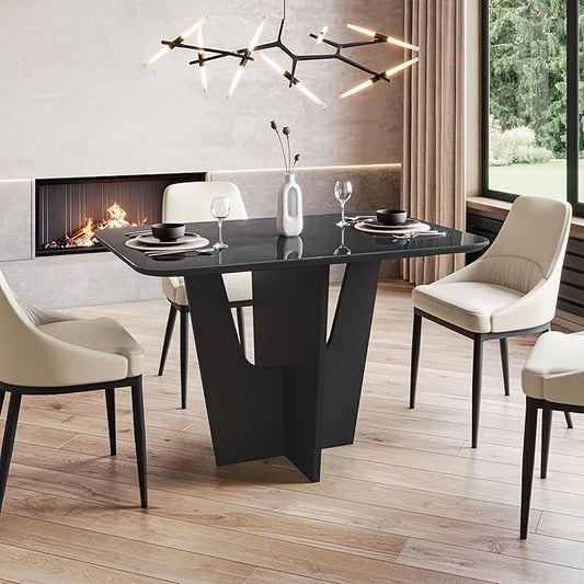 Modern Painted Glass Dining Table for 4 with Tempered Glass Top and Contemporary Wood Base, Elegant and Compact Italian-Style Design for Dining Rooms, Black