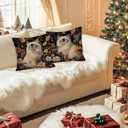 William Morris Inspired-Floral Siamese Cat Pillow Covers 18x18 Set of 2,Siamese Cat Gifts for Women,Dark Cottagecore Botanical Kitty Kitten Decorative Pillow Covers for Home Living Room Bedroom