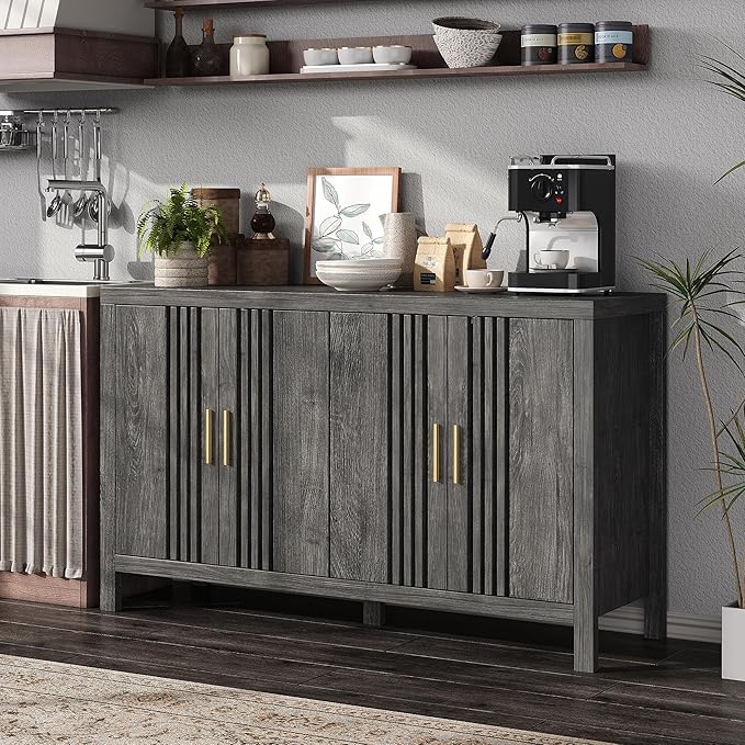 Sideboard Buffet Cabinet with Storage, 55" Large Kitchen Buffet Cabinets Farmhouse Storage Cabinet, Wood Coffee Bar Sideboards for Kitchen, Entryway, Living Room, Grey Oak