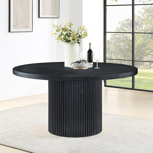 Meridian Furniture 730Black-T Belinda Collection Modern | Contemporary Dining Table with Solid Wood Base, Black Finish Oak Wood Veneer, Round Top, Fluted Base, 60" W x 60" D x 30" H, Black