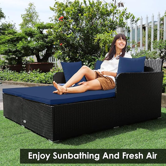 Tangkula Outdoor Rattan Daybed, Sunbed Wicker Furniture w/Spacious Seat, Upholstered Cushion & High-Resilience Sponge, Wicker Patio Sofa Set w/Extra Pillows for Courtyard Poolside (Navy)