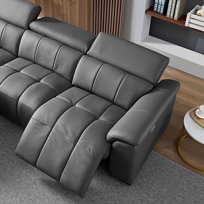 KEIKI 113" L-Shaped Genuine Leather Wall-Hugger Reclining Sofa with Left Chaise, Adjustable Backrest & Footrest, Modern Electric Control 3-Seater Couch with USB, for Living Room, Dark Grey
