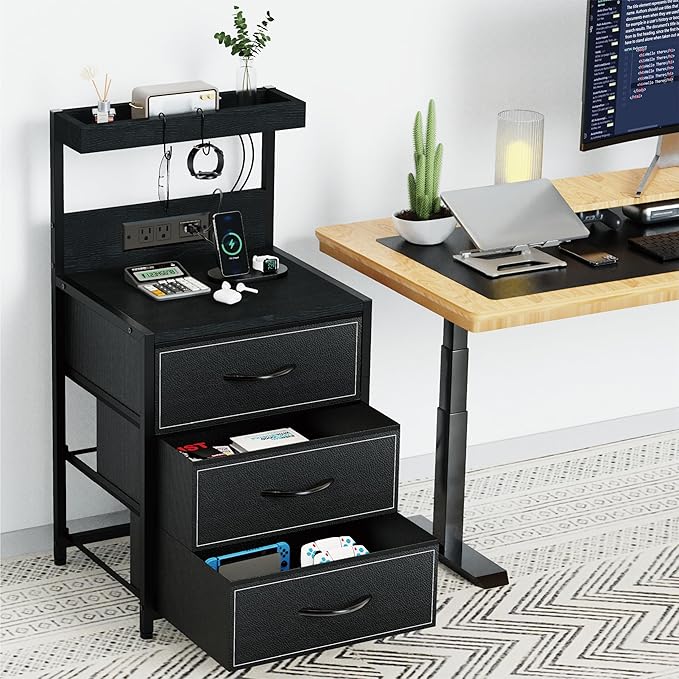 LED Nightstand Set of 2, Dresser Nightstand with 3 Drawers and Type C Charging Station, Storage End Table with Shelf and Hooks, Large Bedside Table for Dorm Bedroom, Black