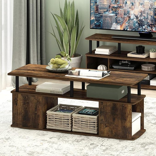 Furinno Jaya TV Stand, 3-Tier Entertainment Center with Open Shelf, TV Console for TV up to 50 Inch with Side Open Storage Compartments, for Living Room, Bedroom, Amber Oak