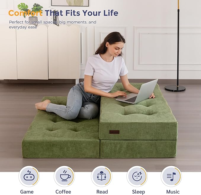 MAXYOYO Tri-Fold Mattress, 6 Inch Tufted Folding Mattress with Chenille Fabric, Portable Twin Size Floor Guest Mat for Adults, Foldable Topper for Camping, Green, 35.4"x75"