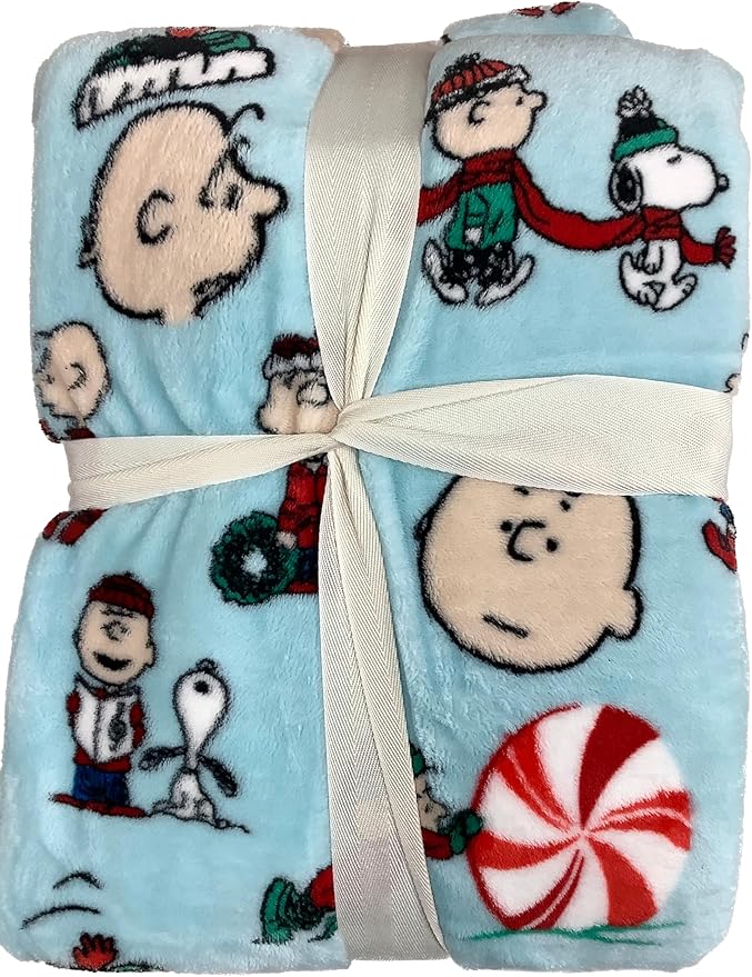 Berkshire Blanket & Home Co Peanuts Winter Blanket, Polyester (Light Blue - Characters Singing and Peppermint Snowball, Full/Queen)