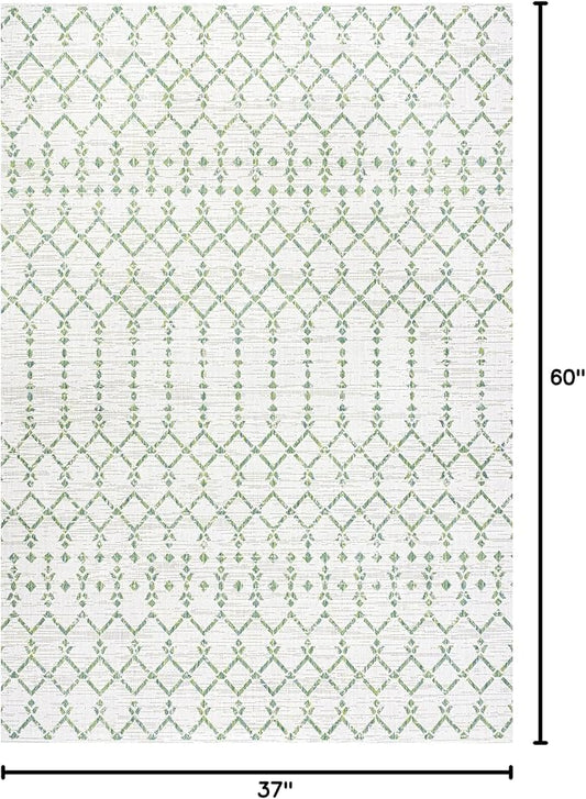 JONATHAN Y Moroccan Geometric Indoor Outdoor Area Rug 3X5 Green/Ivory, Ourika Textured Weave for Backyard, Patio, Porch, Easy-Cleaning, High Traffic, Pet-Friendly, Non-Shedding (SMB108R-3)