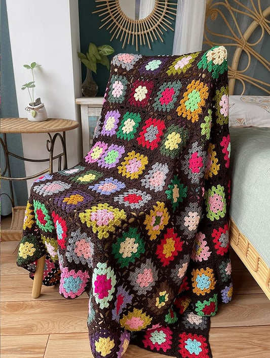 RISEON Handmade Granny Square Crochet Throw Blanket Sweater Style Mat, crochet quilt, multicolor Boho Travel Accent Decor Throw for Sofa Comforter Couch Bed Recliner Living Room Bedroom (Dark Brown)