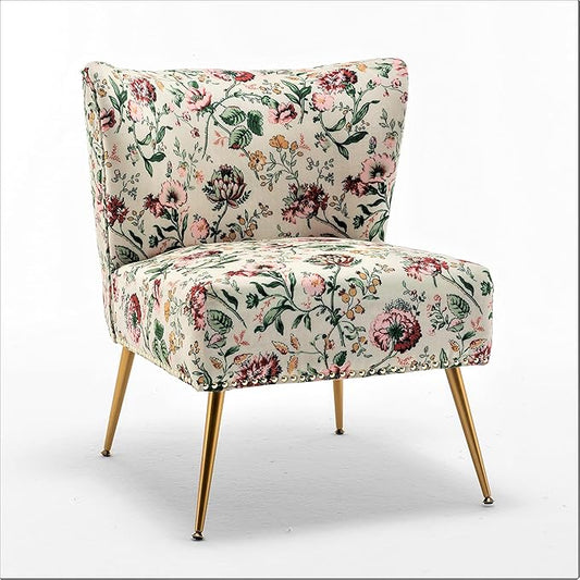 Thia Armless Accent Chair for Living Room, Elegant Seat with Nailhead Trim, Gold Metal Legs and Comfortable Curved Back, 28" D x 25" W x 29.5" H, 03 Floral Print