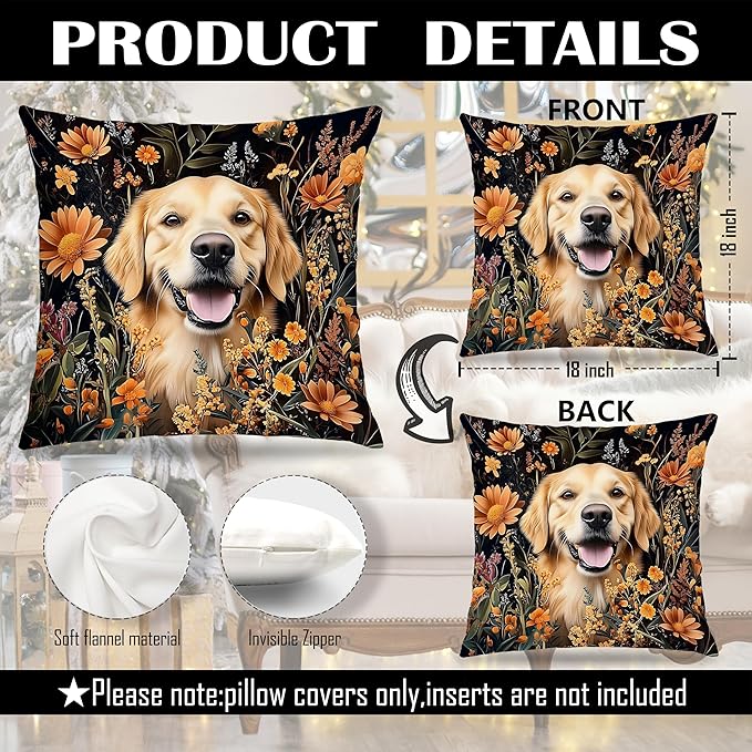William Morris Inspired-Vintage Floral Golden Retriever Pillow Covers 18x18,Golden Retriever Gifts for Women, Dark Cottagecore Botanical Dog Decorative Pillow Covers for Home Living Room Bedroom