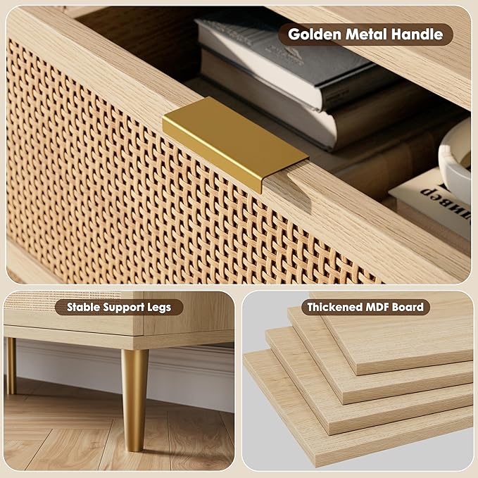 GarveeHome Rattan 5 Drawer Dressers for Bedroom, Tall Dresser with Deep Drawers, Large Chest of Drawers for Closet with Wide Top, Long Wooden Dresser for Living Room, Hallway, Kids Room, Natural